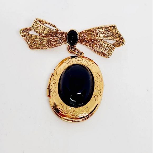 1928 Bow Gold Tone Dangle Photo Locket Pin Brooch w Black Acrylic Cabochons - Picture 1 of 5